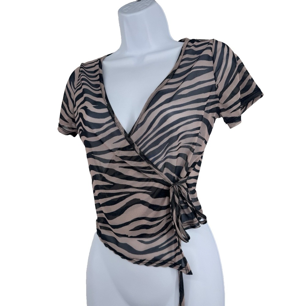 Caution to the Wind Zebra print sheer wrap tie blouse Y2K Bratz E-Girl layering